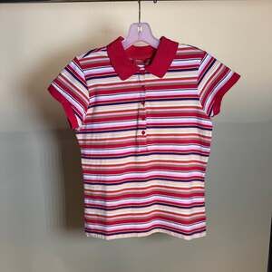 Vintage Mossimo Striped Short Sleeve Polo Shirt Red and White Kids Large
